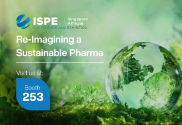 Sustainable background of greenery and a globe with the ISPE Singapore Affiliate logo. Title: Re-imagining a Sustainable Pharma. Included is a 