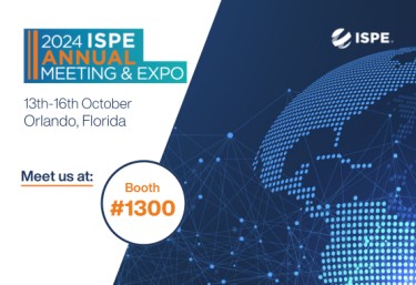 The image is a promotional graphic for the 2024 ISPE Annual Meeting & Expo, taking place from 13th to 16th October in Orlando, Florida. The graphic invites attendees to visit the event