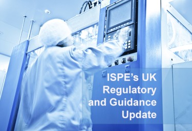 Aseptic operator in clean roon with ISPE UK Regulatory and Guidance Update text over the top