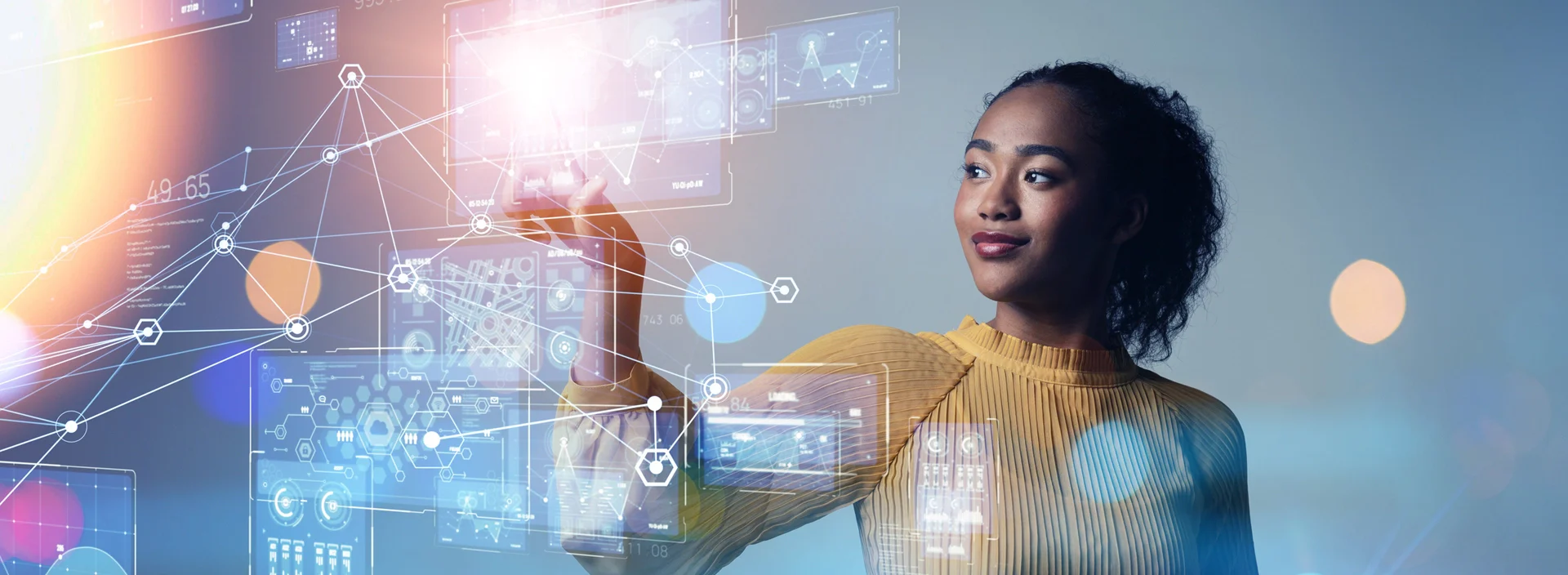 Woman interacting with a futuristic interface, using touch gestures to use the digital displays