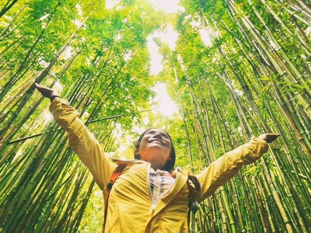 Smiling woman walking in a forest